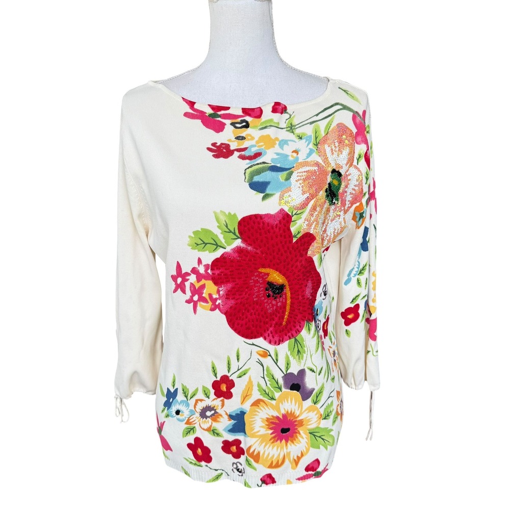 Radzoli Womens XL Floral Sequin Knit Top Ivory Boat Neck 3/4 Sleeve Tie Cuffs